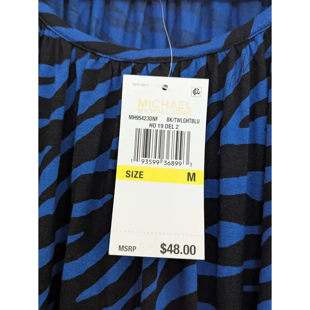 Michael Kors Top Blue Black Zebra Print Scoop Neck 3/4 Sleeve Shirt Sz M NWT